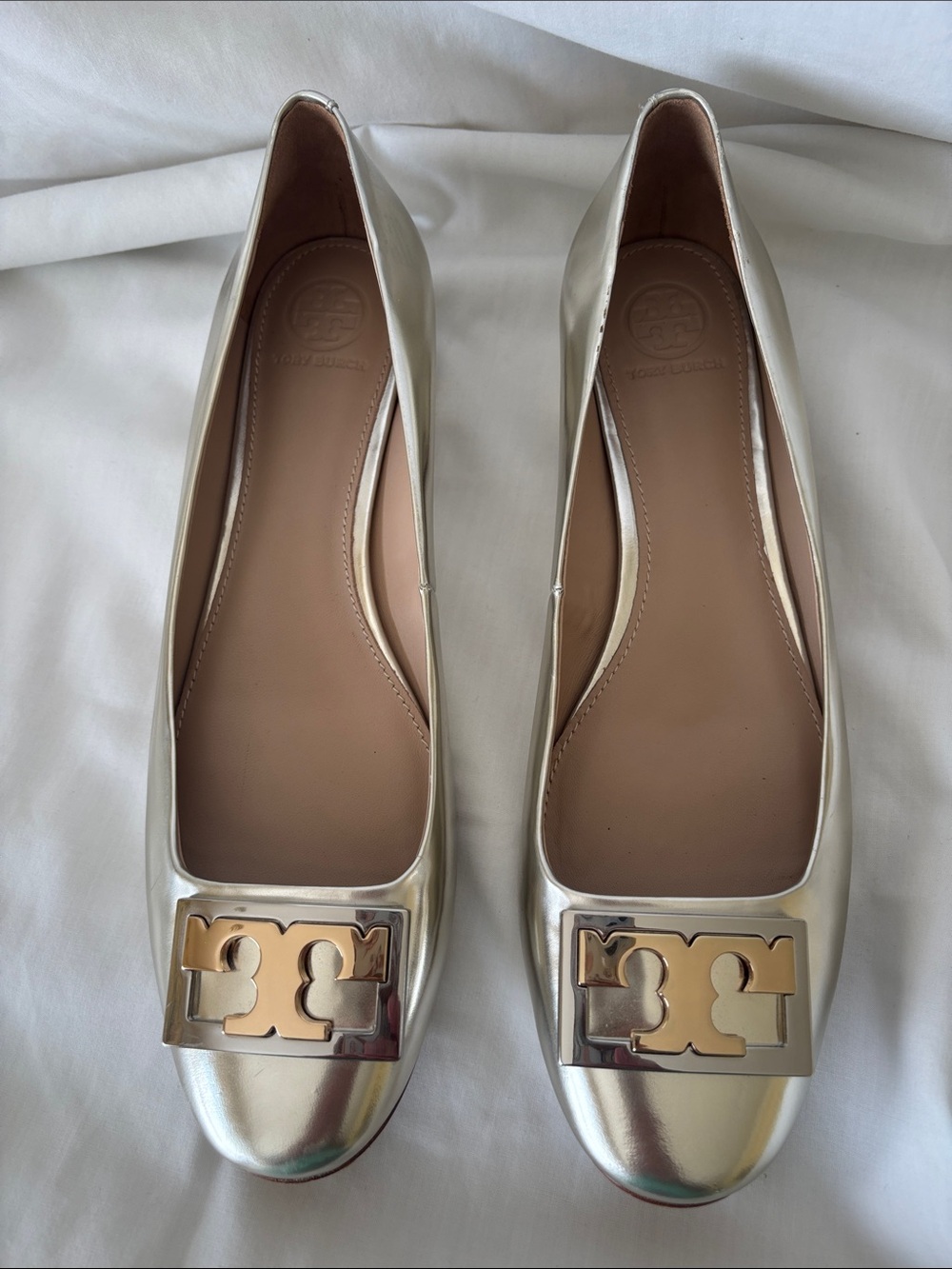 Tory Burch Silver Iridescent Gold Logo Block Heel Flats - Picture 7 of 16
